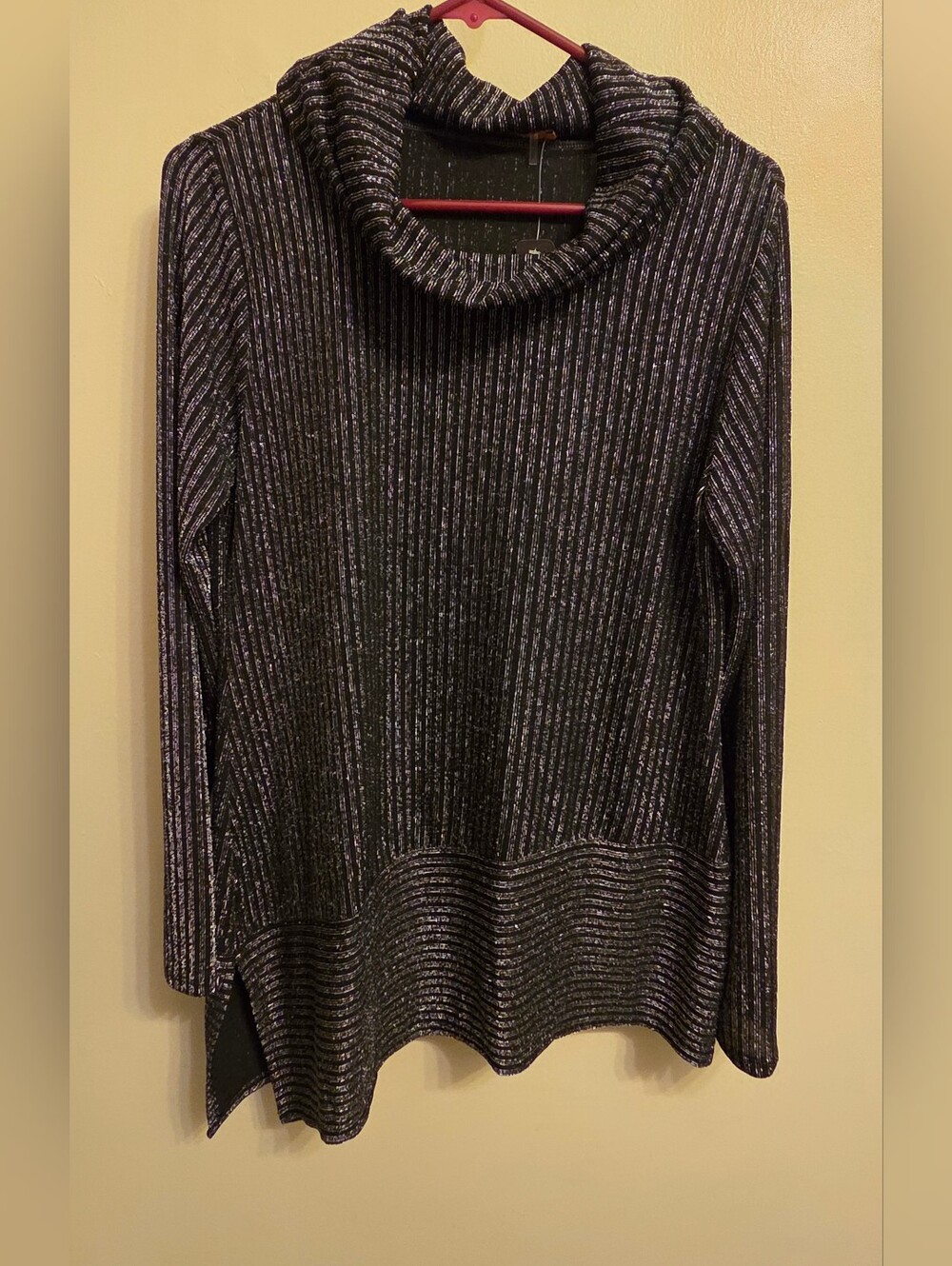 Belldini Black Metallic Ribbed Cowl Neck Tunic Medium Sparkle Glitter Knit NWT